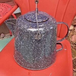 Enamelware Vintage Cowboy Coffee Pot Dark Blue Speckle